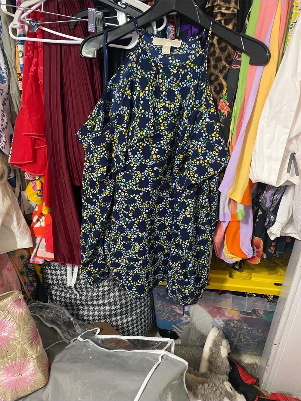 Michael Kors Navy Floral A-Line Skirt with Yellow & White Accents